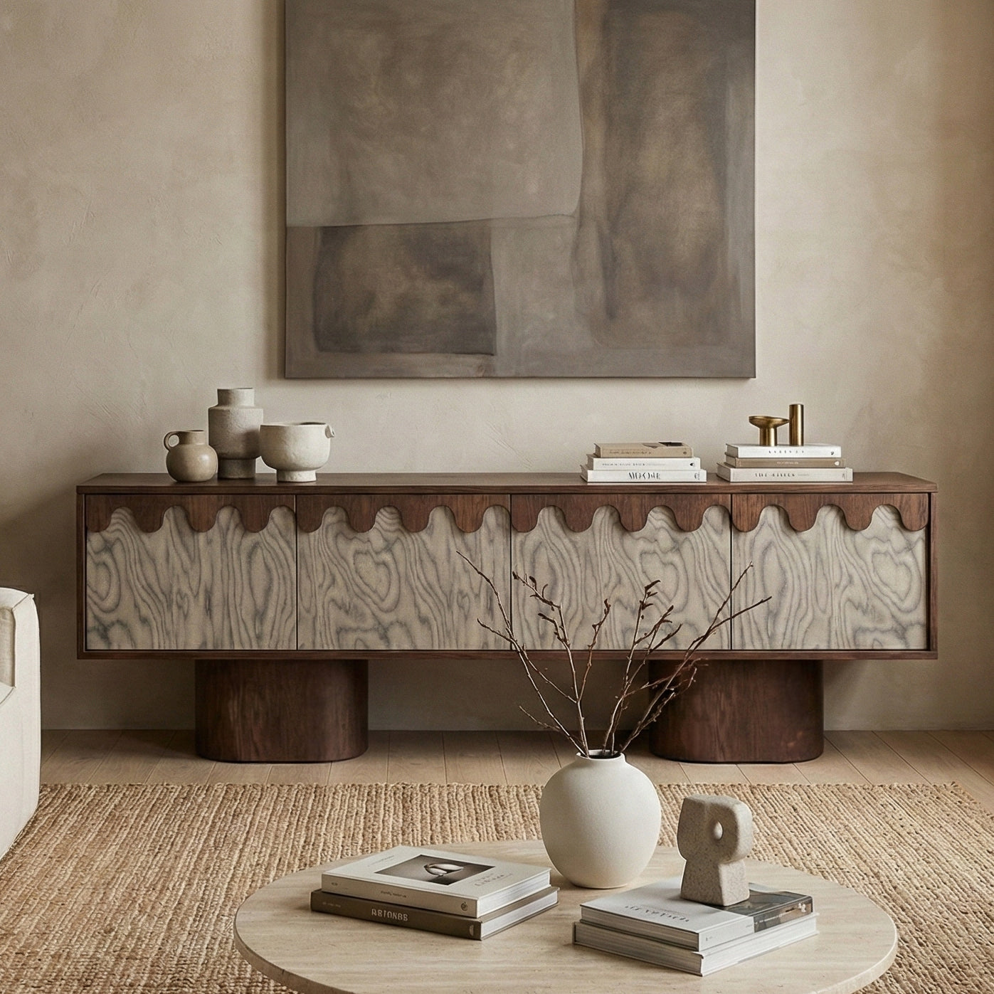Wooden console table with decorative items in a room with abstract art on the wall.