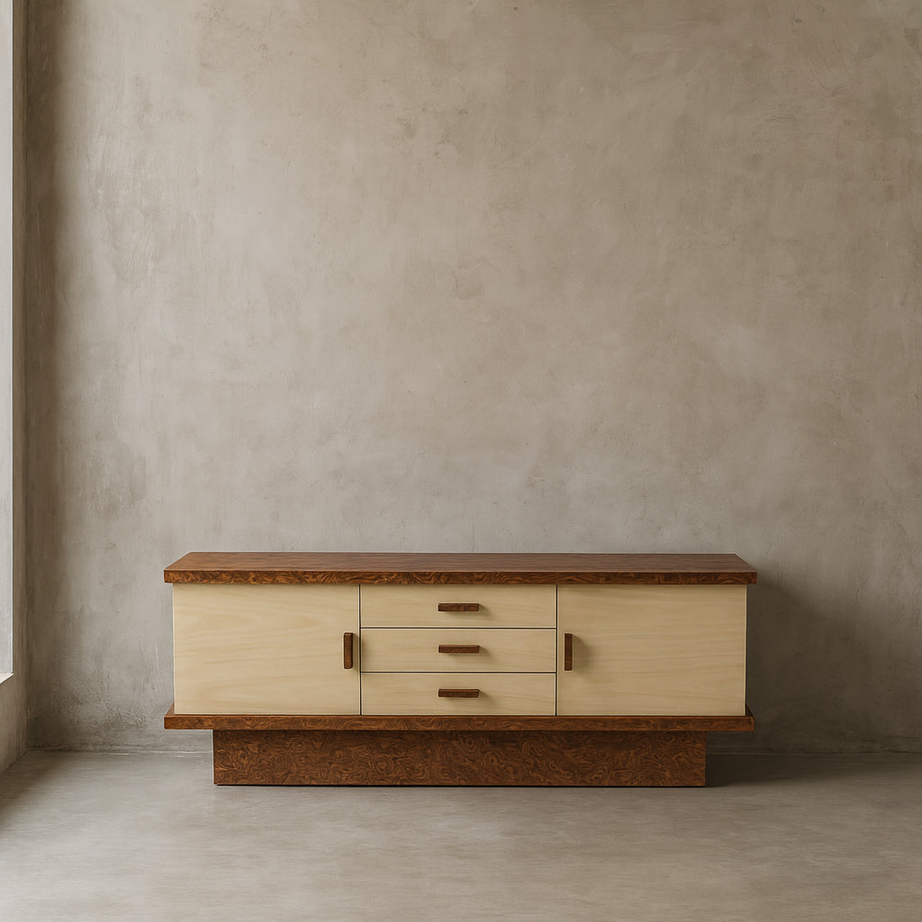 Wooden sideboard with drawers against a beige wall